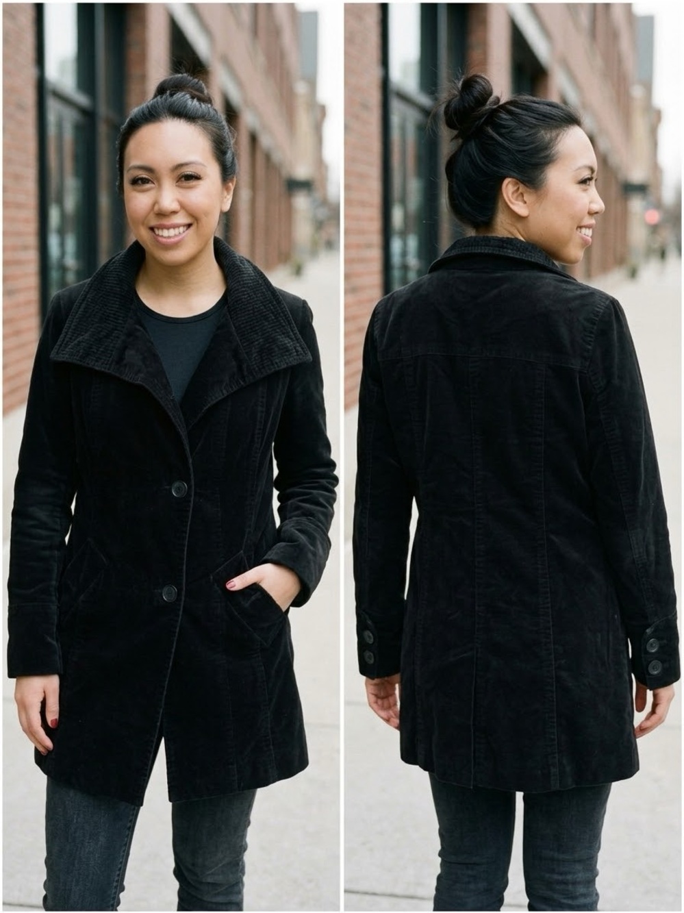 Jones New York Black Corduroy Mid-Length Trench Coat